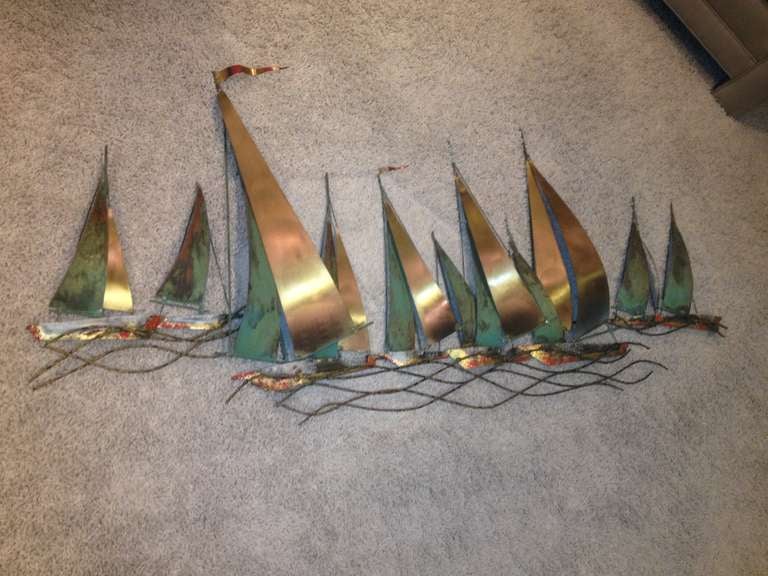 Signed Curtis Jere 1971 dated hand wrought Sailboat wall sculpture in cooper brass and metal with verdigris and enameled work intricate work .