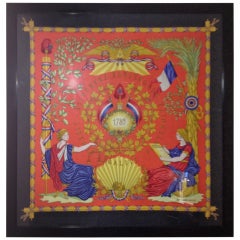 Hermes Scarf, title "Egalite " under Glass Framed Black lacquer