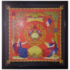 Hermes Scarf, title "Egalite " under Glass Framed Black lacquer 