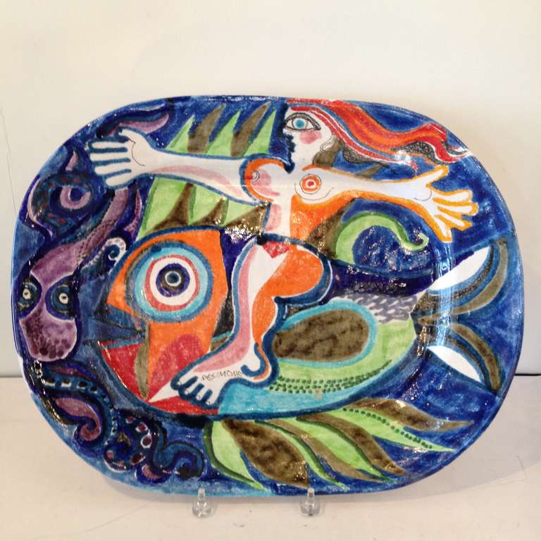 Large  Giovanni De Simone Ceramic Platter subject women riding fish Italian very colorful glaze