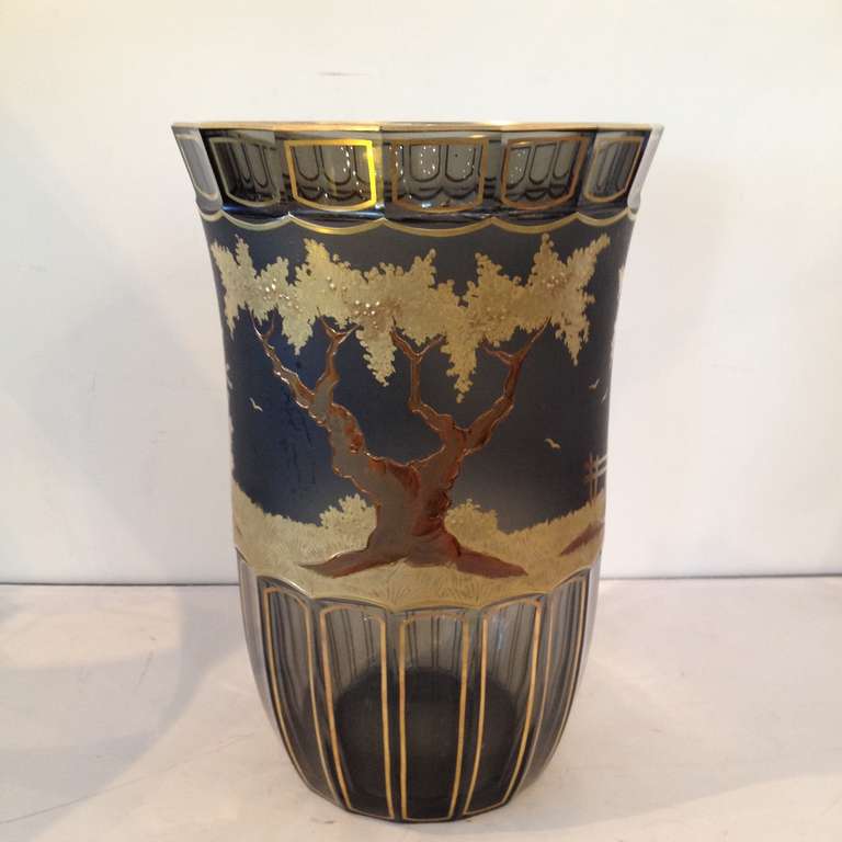 Moser Large Panel and Engraved Gilt Silver Vase Signed Otto In Excellent Condition In Westport, CT