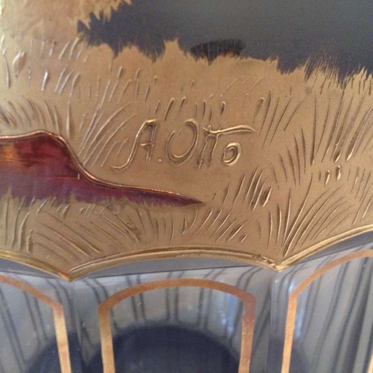Art Nouveau Moser Large Panel and Engraved Gilt Silver Vase Signed Otto