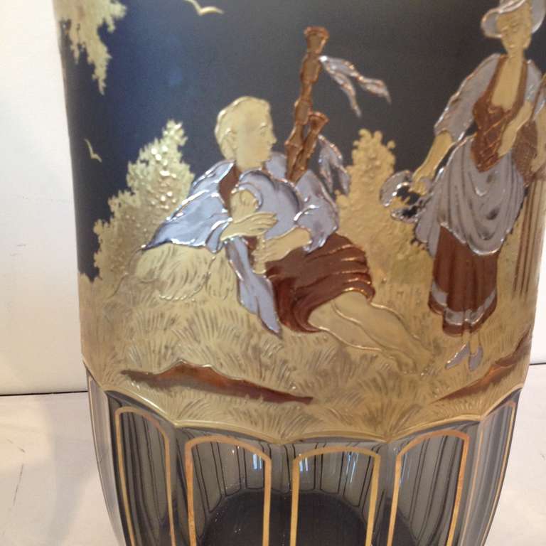 Austrian Moser Large Panel and Engraved Gilt Silver Vase Signed Otto