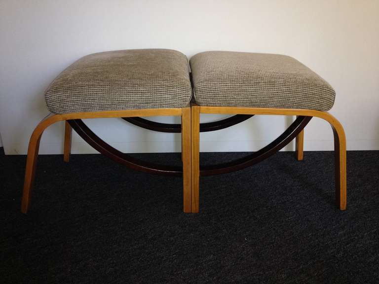 Petite Heywood Wakefield bench with Chenille Fabric and two tone deco wood design,with paper label