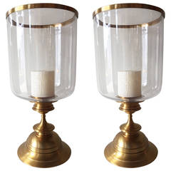 Pair of Brass Satin Finish Extra Large Hurricane Lamps