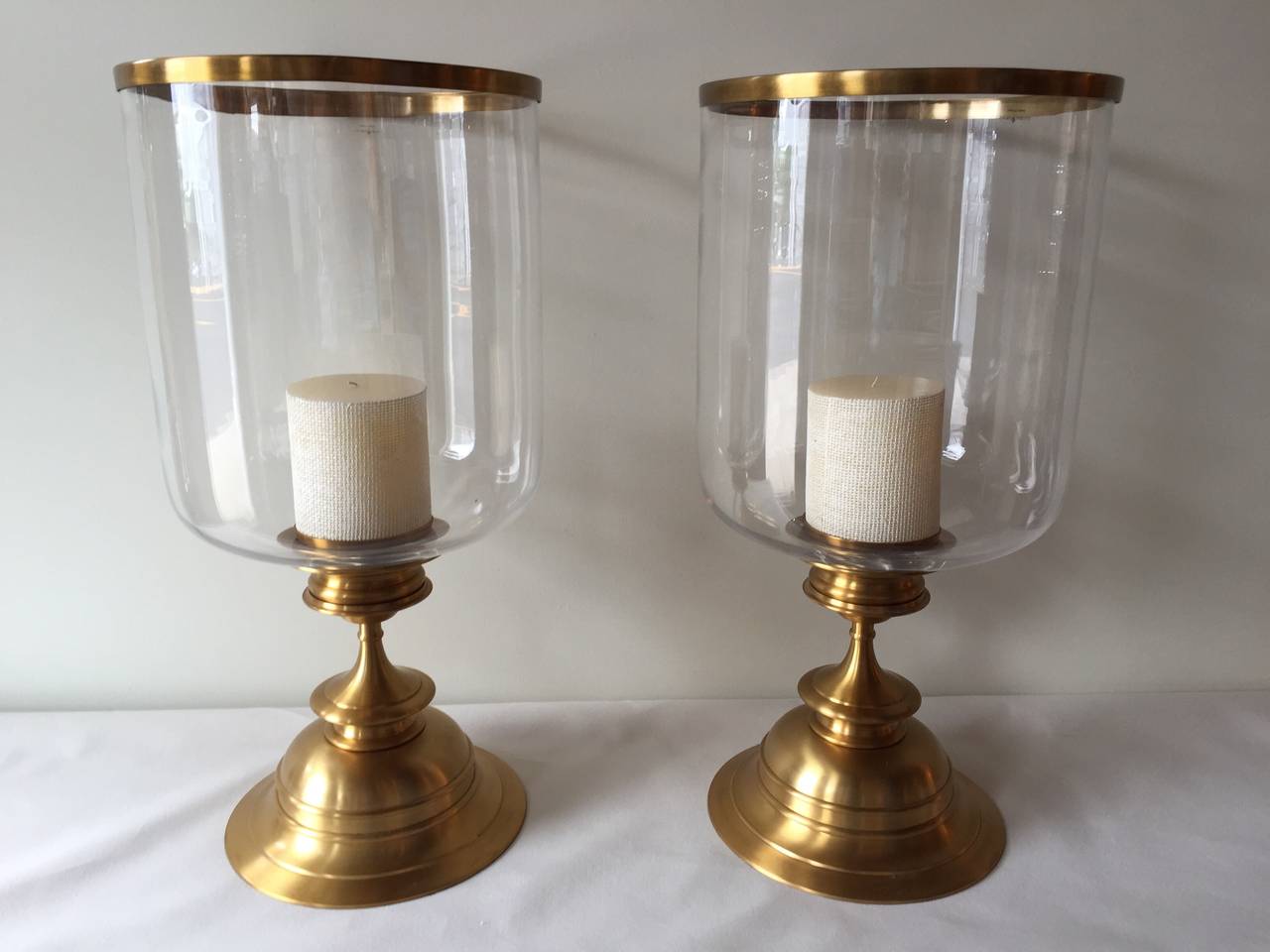 Pair of Brass Satin Finish Extra Large Hurricane Lamps at 1stDibs