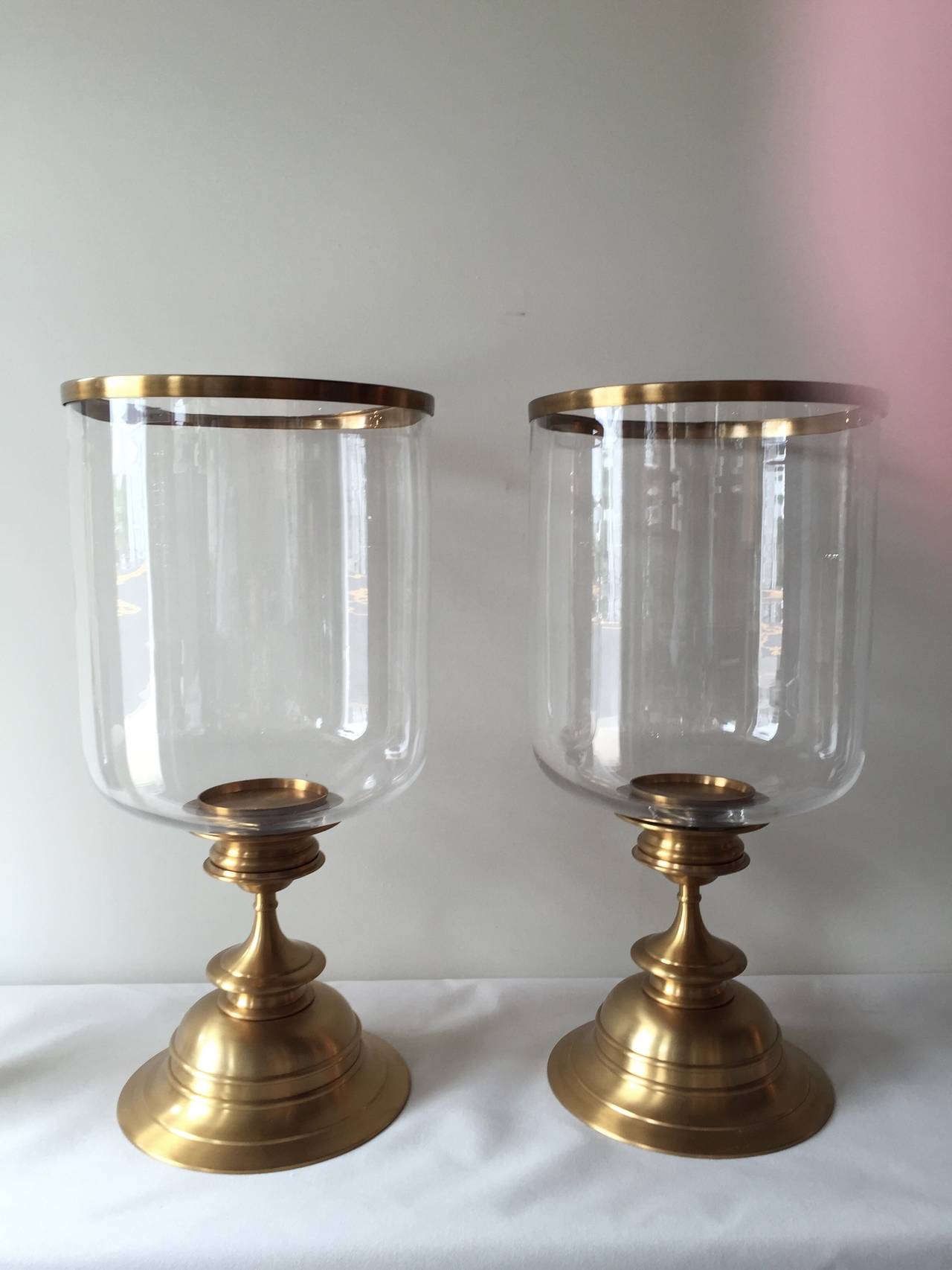 American Pair of Brass Satin Finish Extra Large Hurricane Lamps