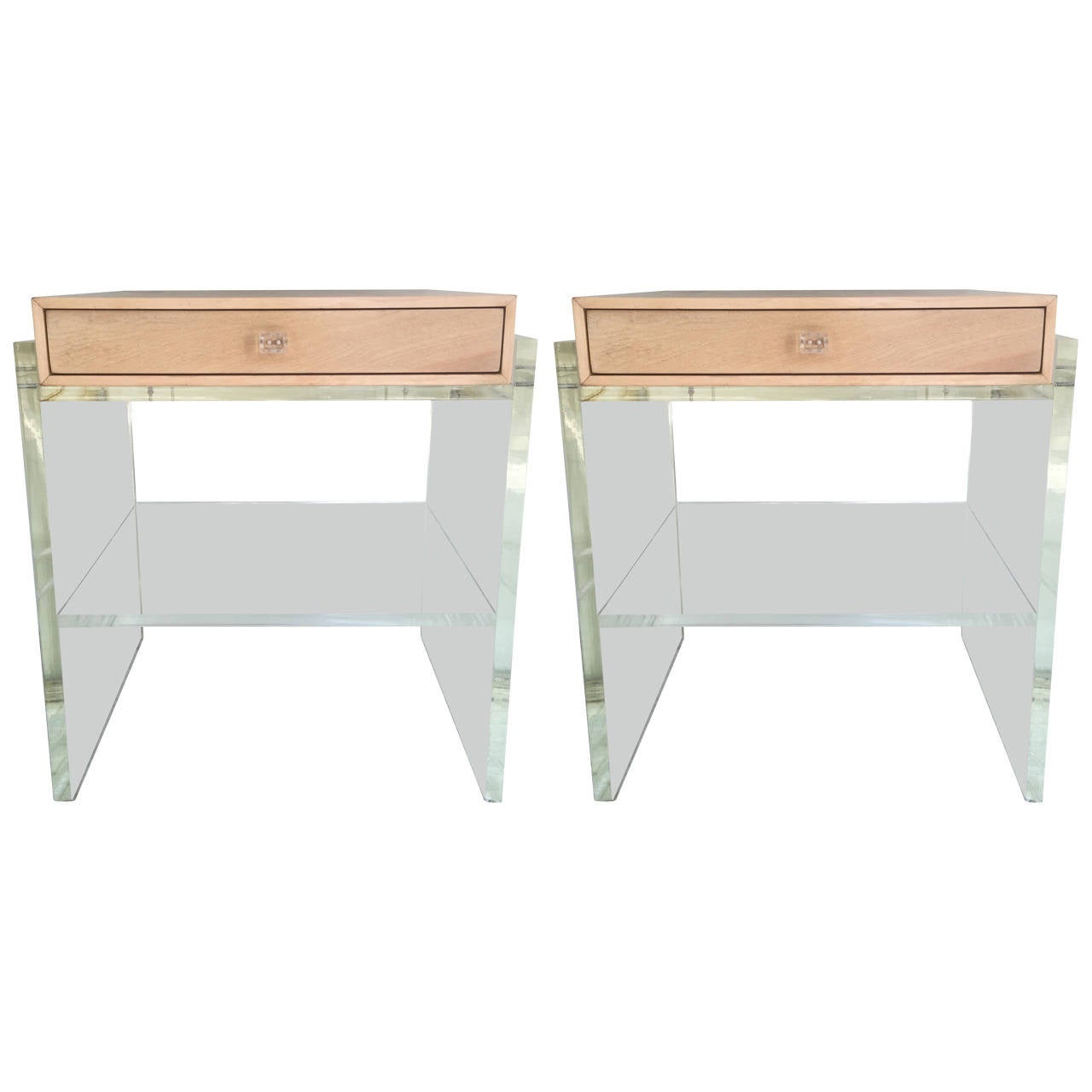 Pair of Springer Style Lucite and White Oak TwoTier Nightstands or End