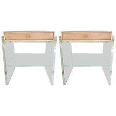 Pair of Springer Style Lucite and White Oak Two-Tier Nightstands or End Tables