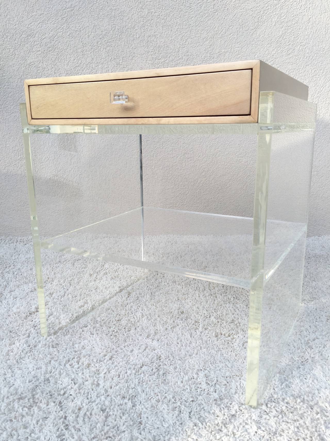American Pair of Springer Style Lucite and White Oak Two-Tier Nightstands or End Tables