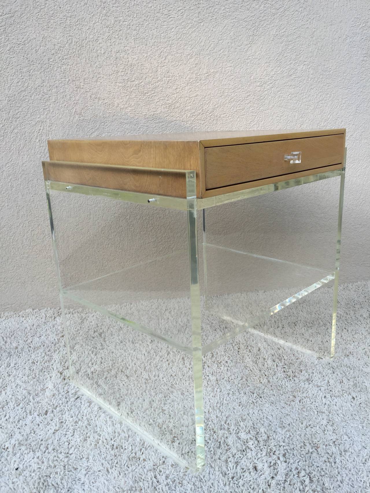 Mid-Century Modern Pair of Springer Style Lucite and White Oak Two-Tier Nightstands or End Tables