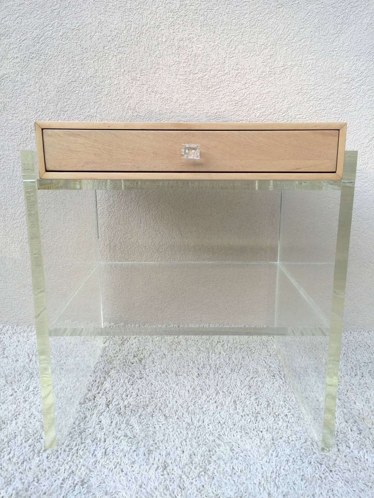 Pair vintage Karl Springer style bleached oak Lucite two-tier nightstands or end tables with Lucite pull, rare design beautiful original french polished condition. Exceptional.