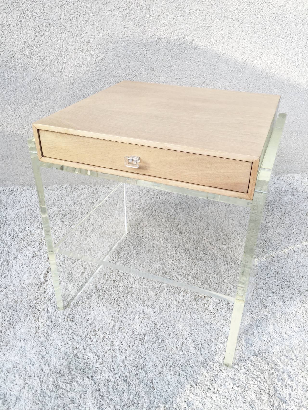 Pair of Springer Style Lucite and White Oak Two-Tier Nightstands or End Tables In Excellent Condition In Westport, CT