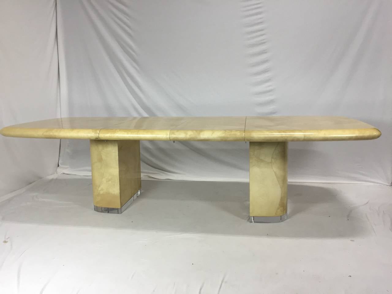 Mid-Century Modern Large Ron Seff Goat Skin Rare Lucite Base Expandable Dining Table For Sale