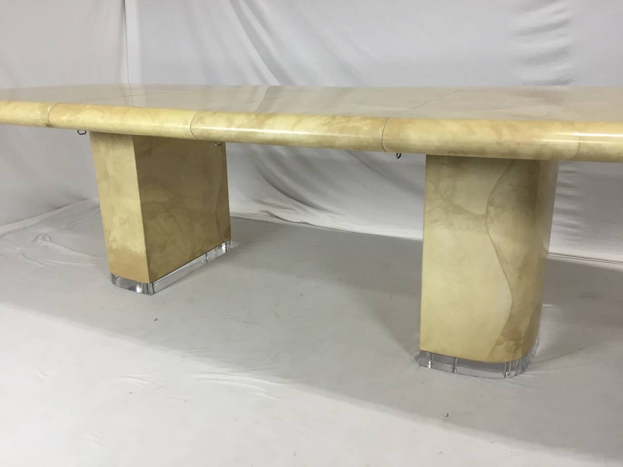 20th Century Large Ron Seff Goat Skin Rare Lucite Base Expandable Dining Table For Sale