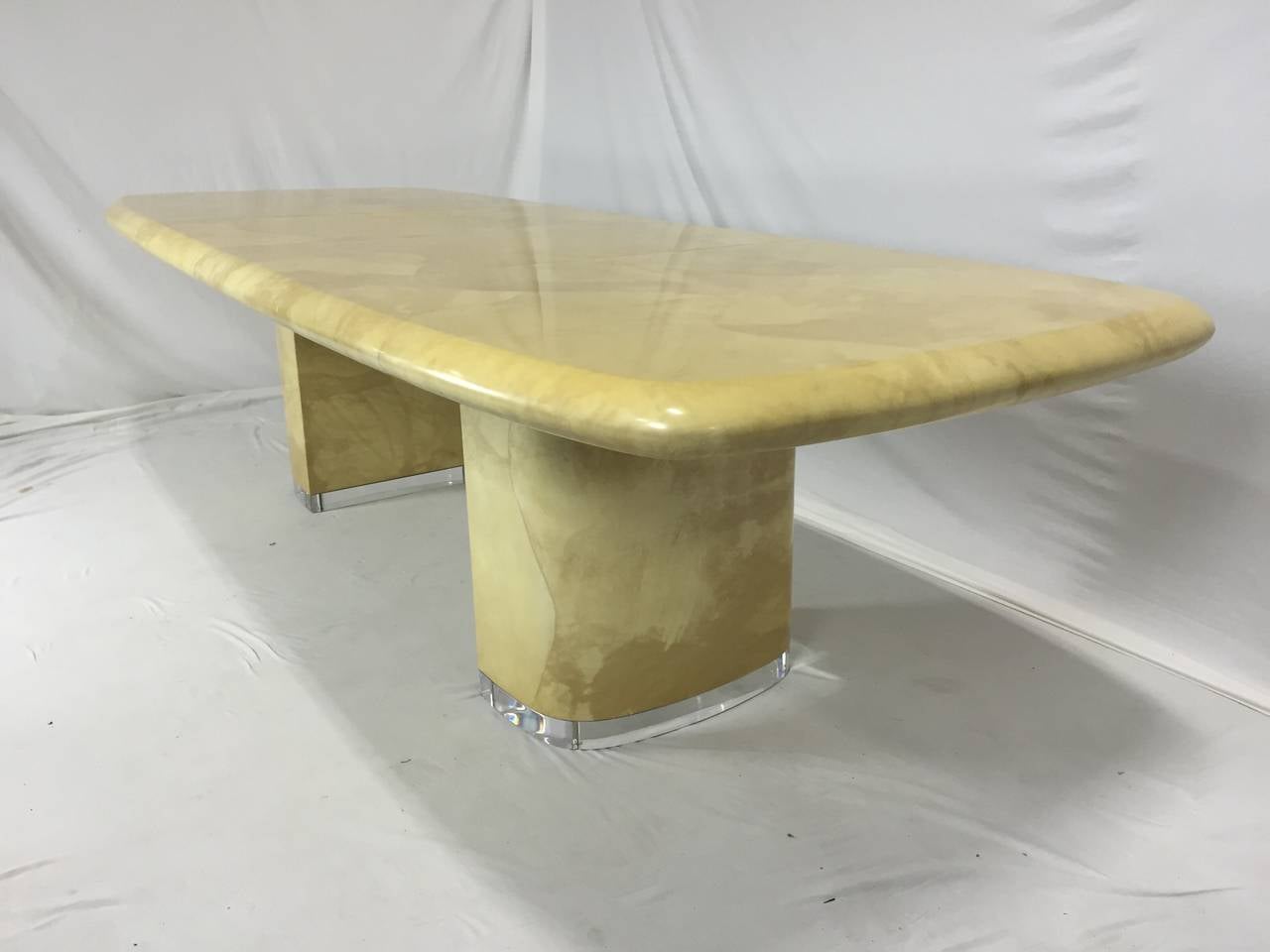 Large Ron Seff Goat Skin Rare Lucite Base Expandable Dining Table For Sale 1
