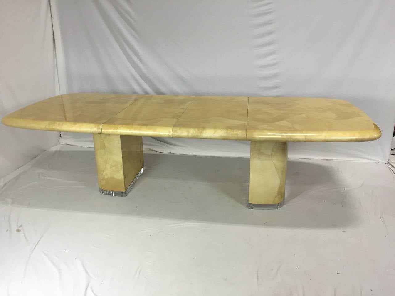 American Large Ron Seff Goat Skin Rare Lucite Base Expandable Dining Table For Sale