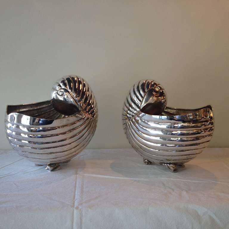 Pair Los Castillo large nautilus shell urn /planters silver over brass ,some slight wear to finish