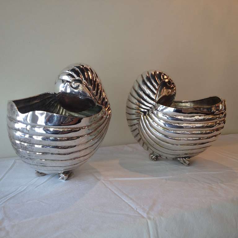 Hollywood Regency Pair of Los Castillo Large Nautilus Silver Shell Urns