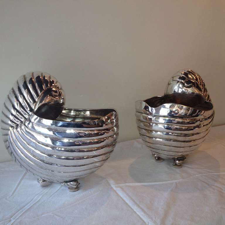 Mexican Pair of Los Castillo Large Nautilus Silver Shell Urns