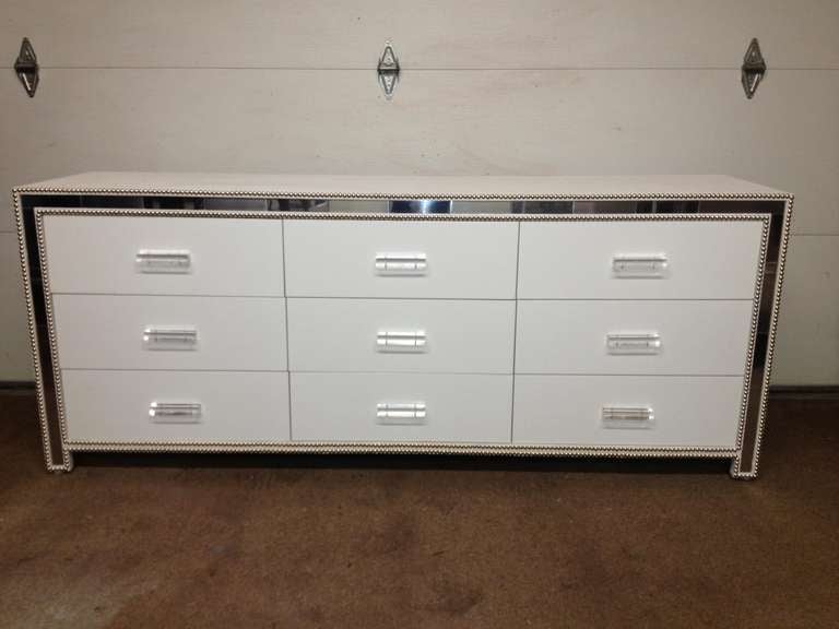 1960's Vanleigh Custom White Lacquer stainless steel skin finish,Lucite pull 9 draw chest ,one of a kind.