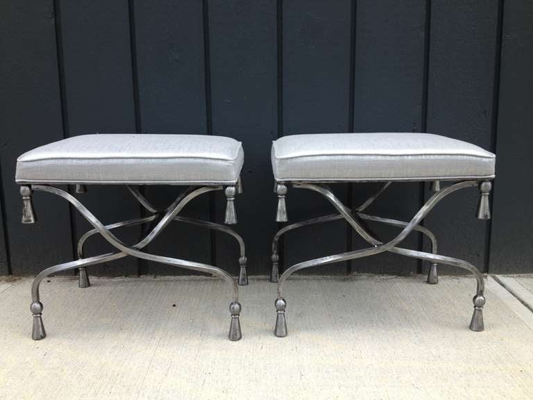Pair Hollywood Regency Steel Tassel Stools