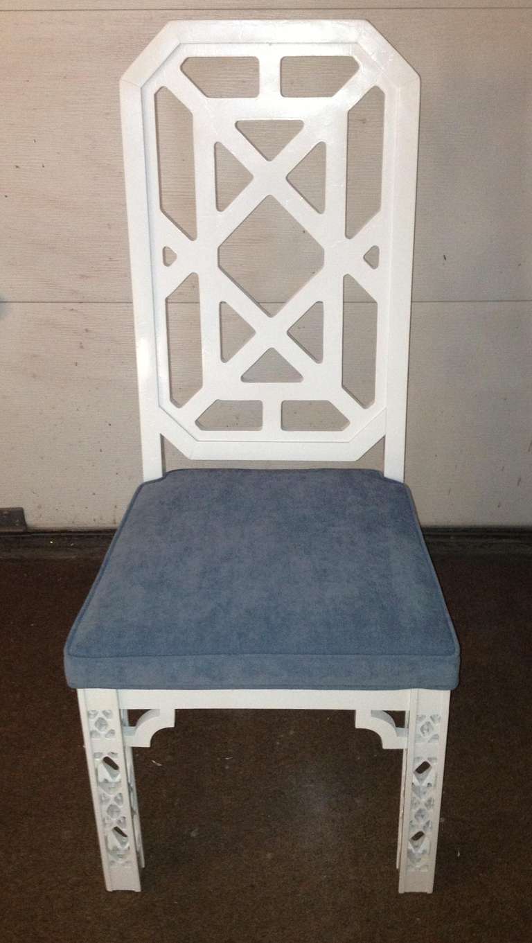 Set of 4 James Mont attributed white lacquer pierced leg dining chairs.