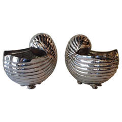 Vintage Pair of Los Castillo Large Nautilus Silver Shell Urns