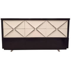 Paul Laszlo Style Dark Walnut Off-White X-Pull Design Cabinet/Sideboard