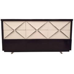 Vintage Paul Laszlo Style Dark Walnut Off-White X-Pull Design Cabinet/Sideboard