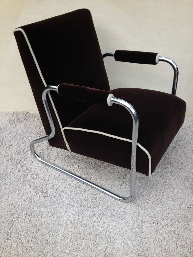 Art Deco Pair Tubular Chrome Deco Club chairs Attributed Gilbert Rhode