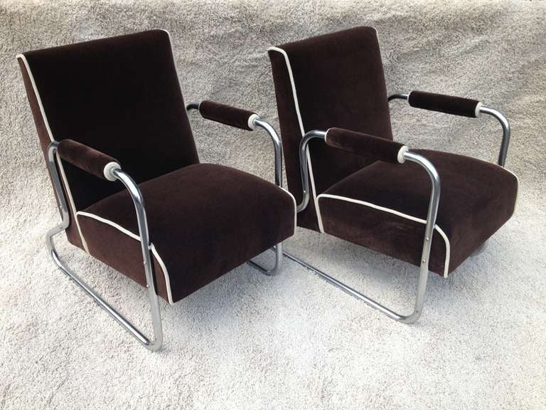 Pair Tubular Chrome Art deco Club Chairs attributed to Gilbert Rhode,Mohair Fabric and petite size