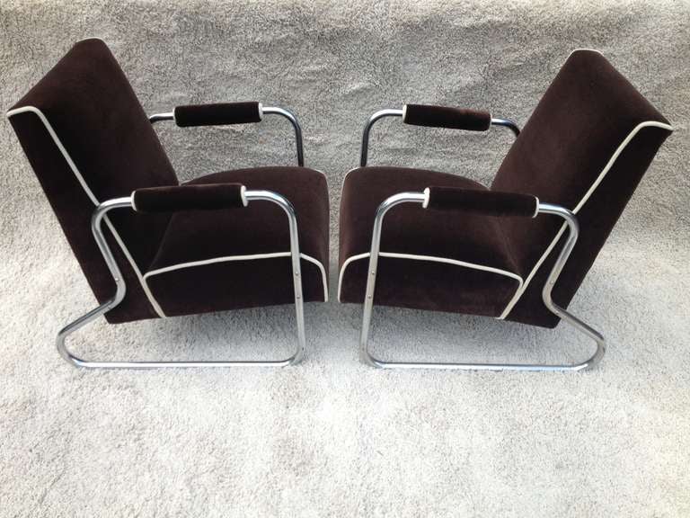 Pair Tubular Chrome Deco Club chairs Attributed Gilbert Rhode 4