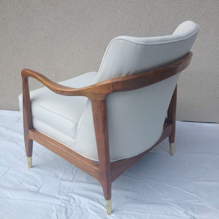 Pair club chairs attributed to Kofod Larson beautiful beach wood,original French polished finish,graceful curved wood construction,upholstered in white weave fabric.