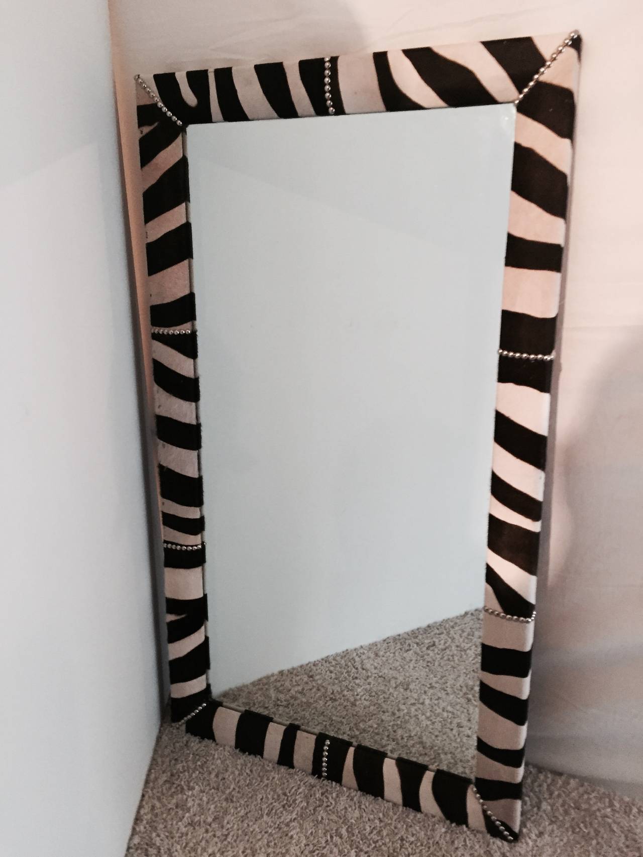 Zebra Skin Exotic Chrome Nail Head Hollywood Regency Mirror In Excellent Condition In Westport, CT