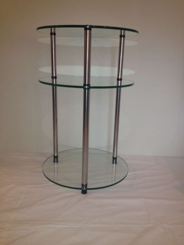 Art Deco bushed Nichol and Glass petite three Tier Table in original condition with black plastic feet