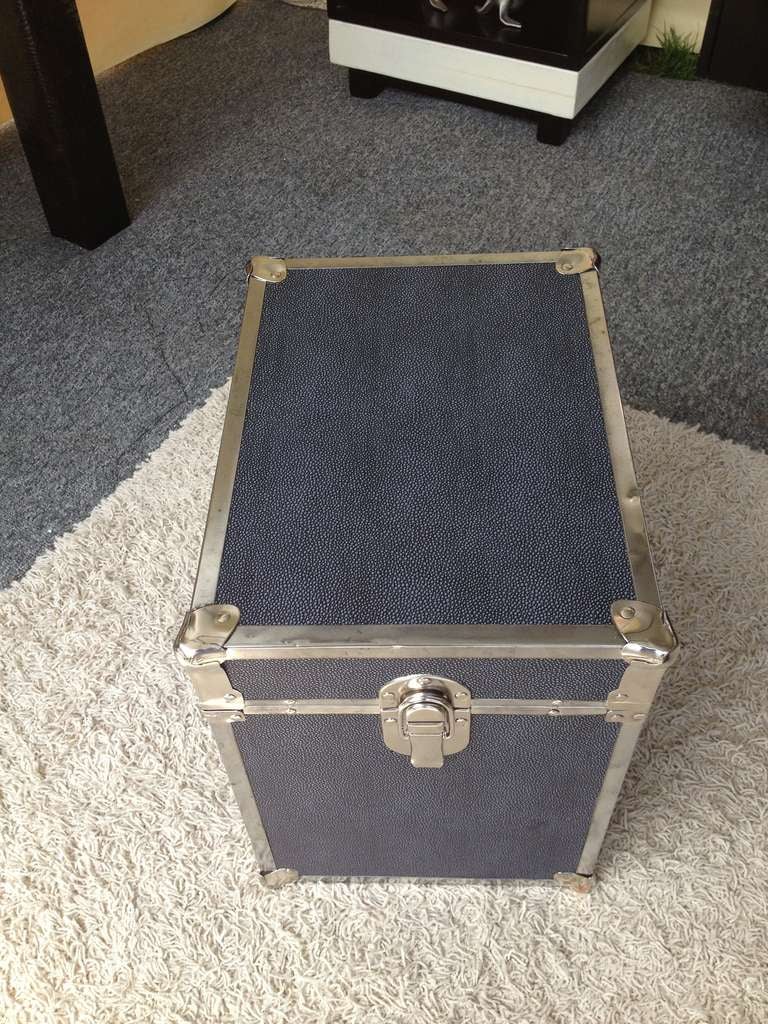 Pair Chrome Faux Shagreen End Table Trunks In Excellent Condition In Westport, CT