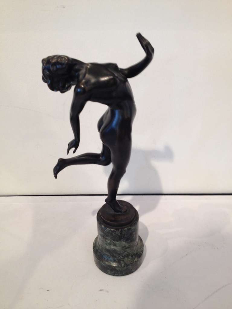 Signed K. Perl Austria Art Deco nude female figure in motion on green marble original base and patina.