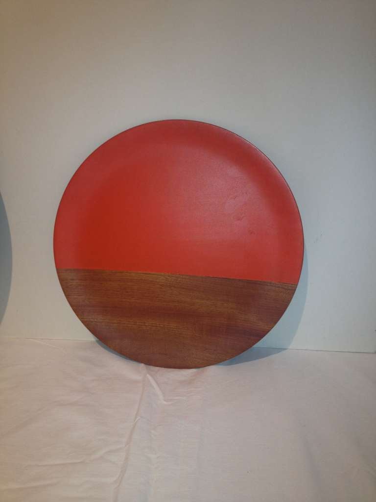 Wood Pair of Large Midcentury, Walnut Orange Paint Chargers For Sale