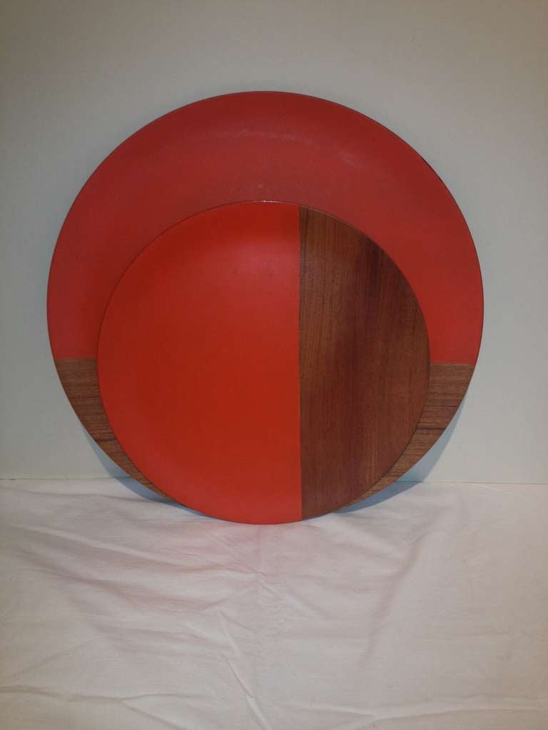 Japanese Pair of Large Midcentury, Walnut Orange Paint Chargers For Sale