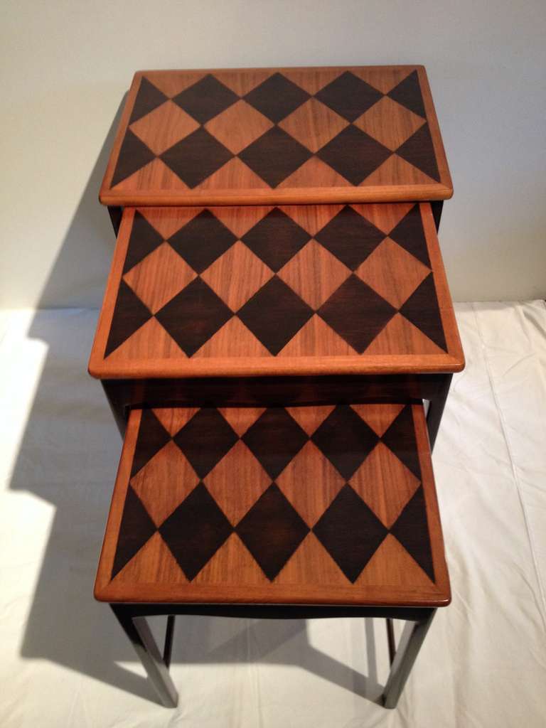 Mid-Century Modern Diamond Marquetry Nesting Tables For Sale