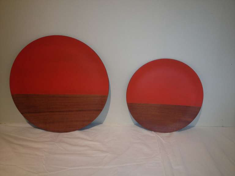 Mid-Century Modern Pair of Large Midcentury, Walnut Orange Paint Chargers For Sale