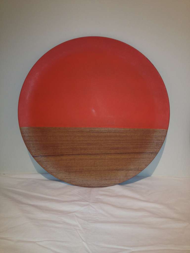 Mid-20th Century Pair of Large Midcentury, Walnut Orange Paint Chargers For Sale