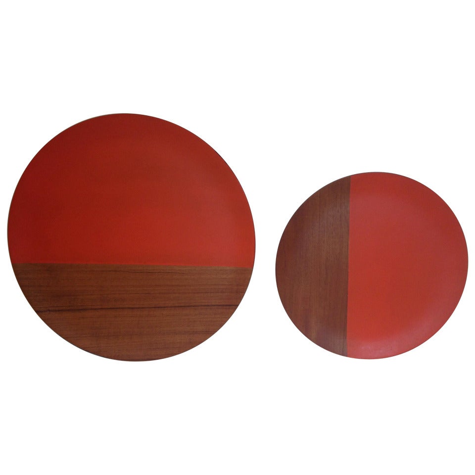 Pair of Large Midcentury, Walnut Orange Paint Chargers For Sale