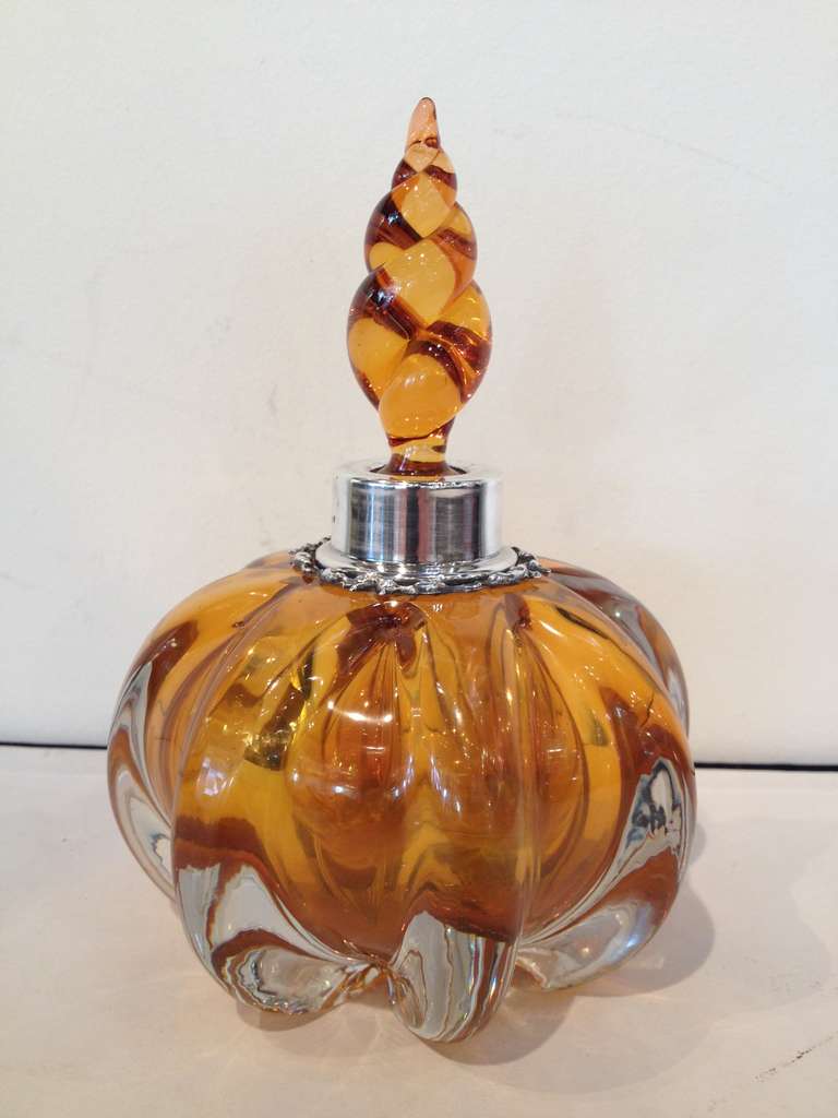 Citrine colored and clear glass, ribbed, large sterling rimed signed B&F perfume bottles.