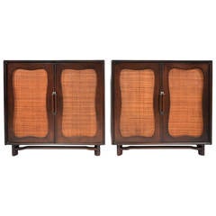 Used Pair of Cane Front Walnut Cabinets/End Tables, Hickory Co