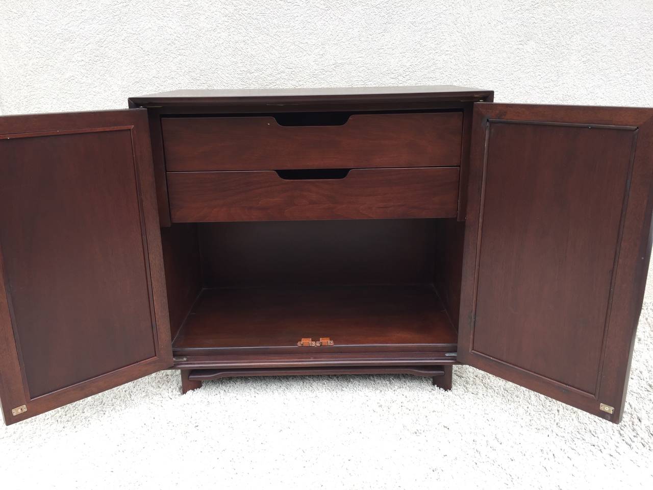 Mid-Century Modern Pair of Cane Front Walnut Cabinets/End Tables, Hickory Co