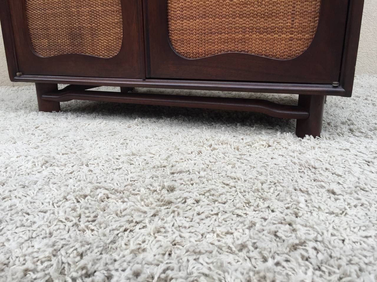 Pair of Cane Front Walnut Cabinets/End Tables, Hickory Co In Excellent Condition In Westport, CT