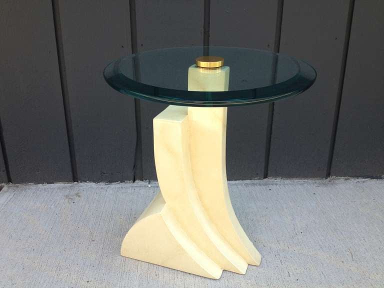 Circa 1970's Cream faux Goat skin Lacquer petite beveled glass Table in the manner of Karl Springer