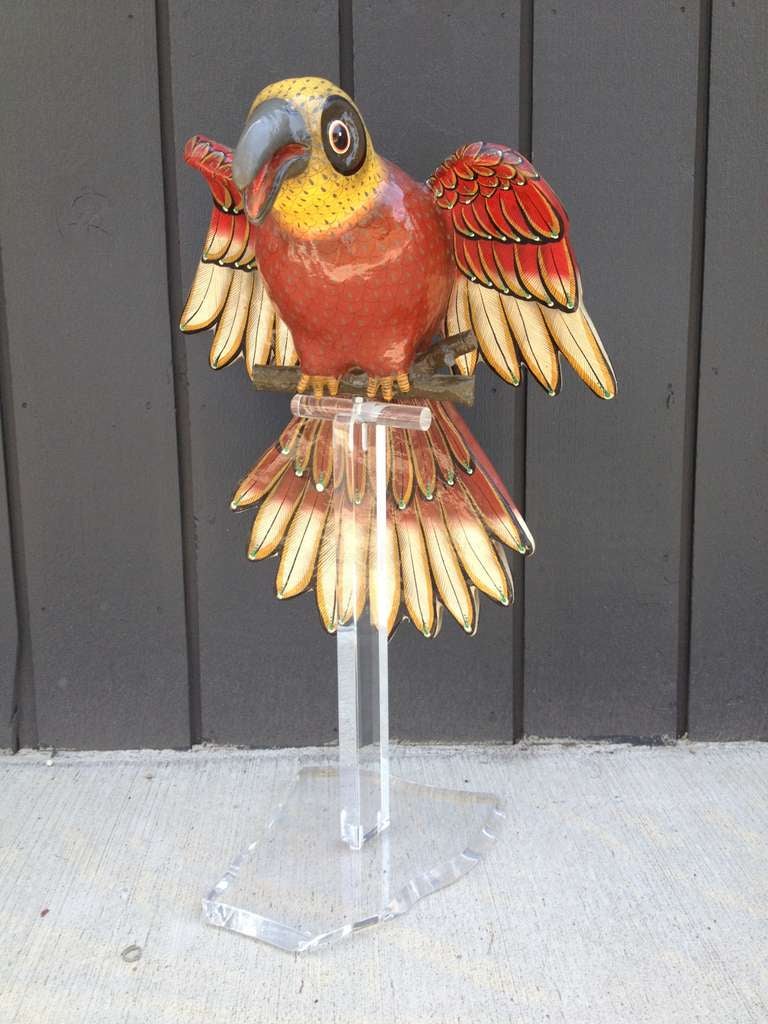 Sergio Bustamante Paper Mache parrot Sculpture on Lucite stand circa 1970's  Mexican sculpture and artist